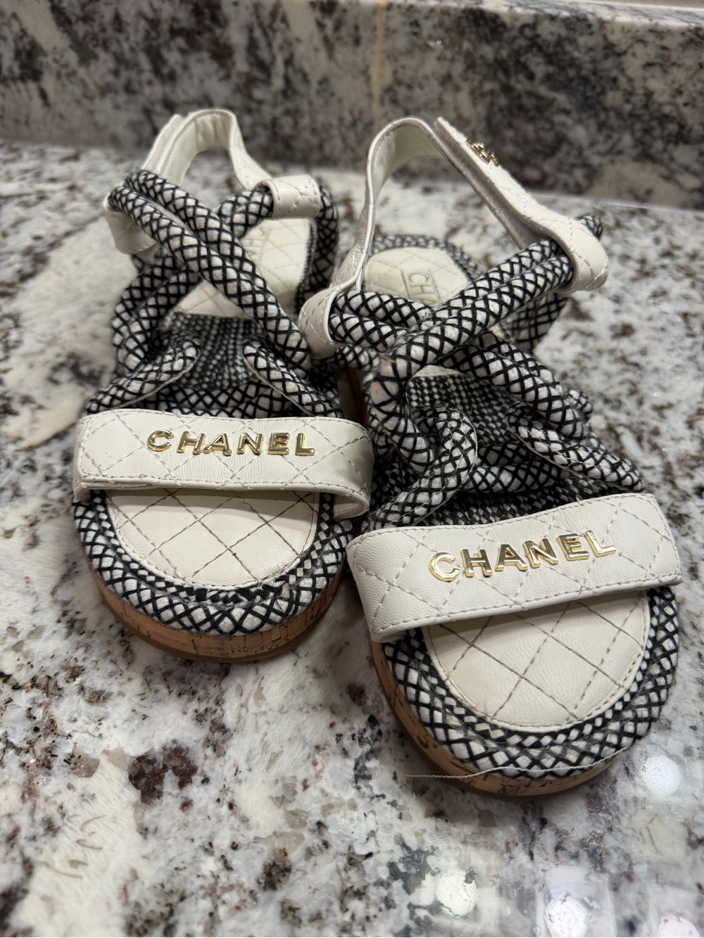 Chanel White & Black Quilted Logo Sandals